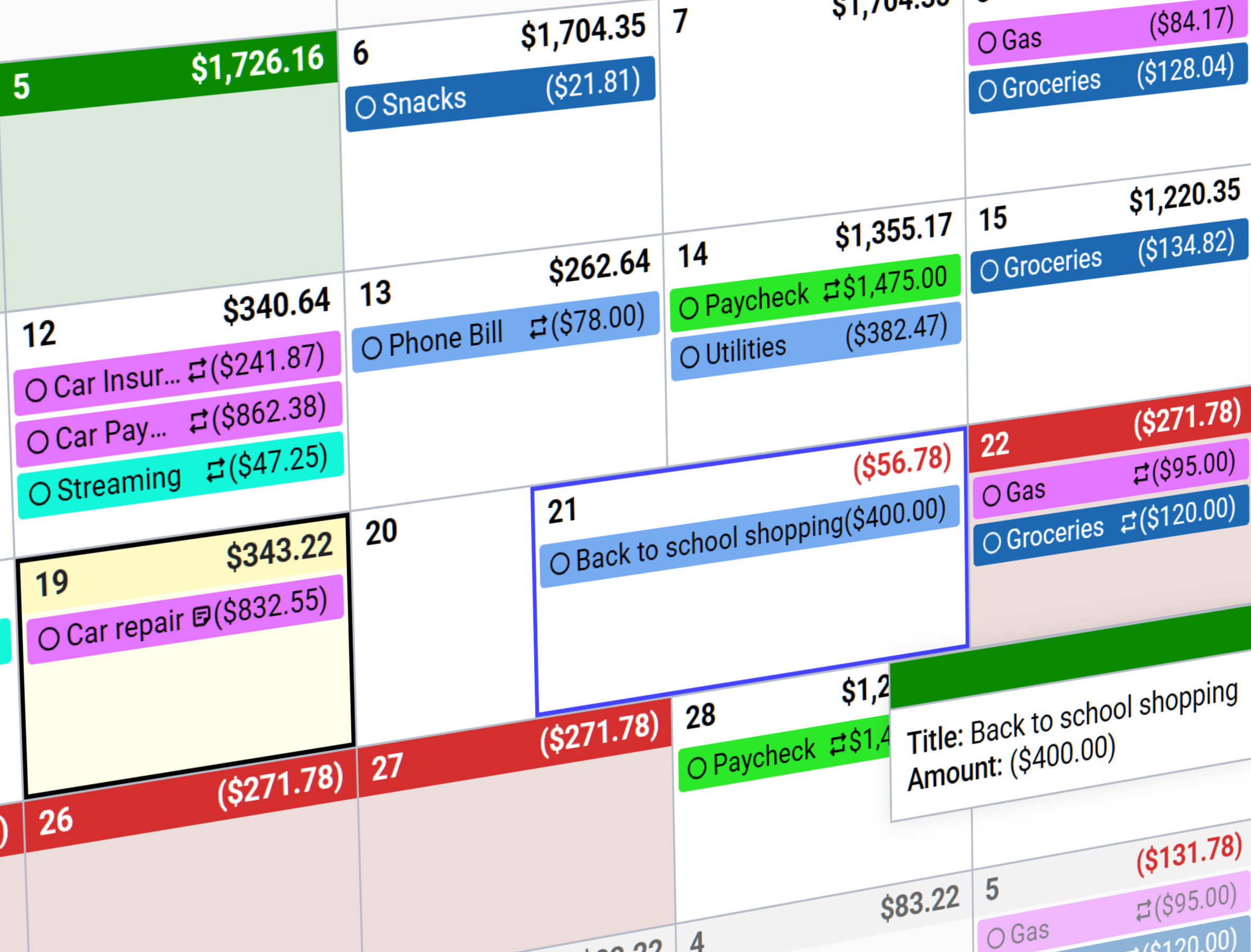 CalendarBudget app showing planning adjustments