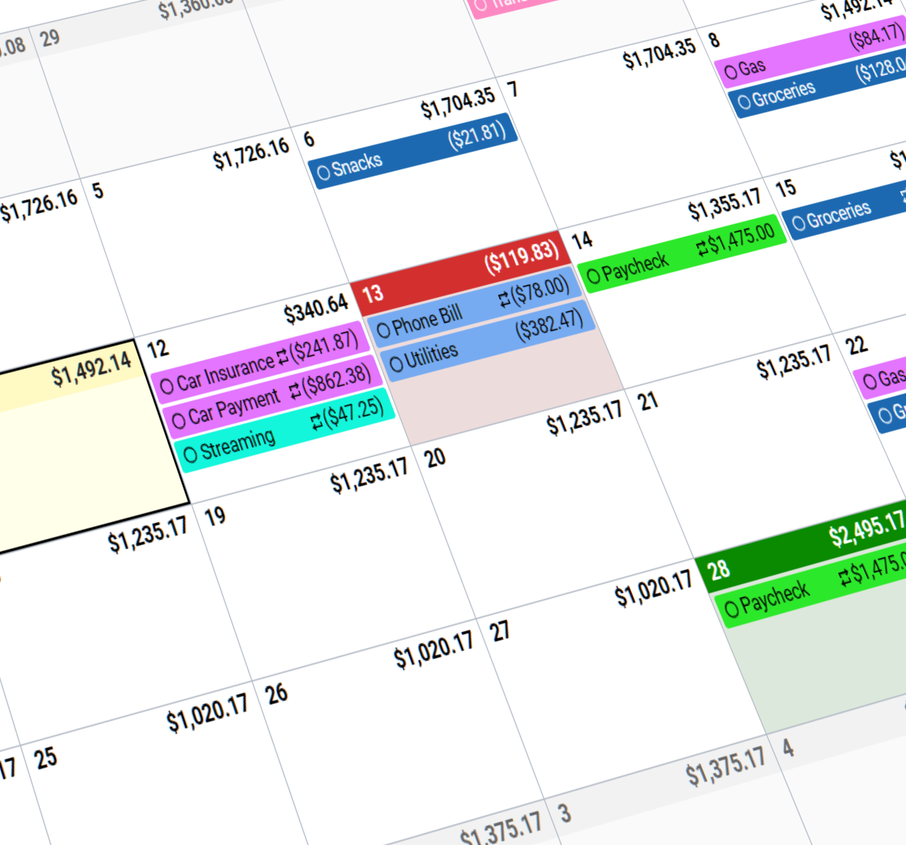 A close-up of a calendar application showing future financial events